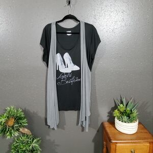 Chic Black Graphic Tee with attached Gray Vest  Silver details on the shoes